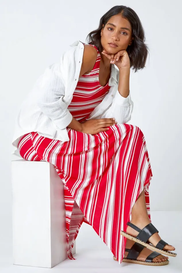 Women Red Stripe Print Smock Midi Stretch Dress Roman Dresses