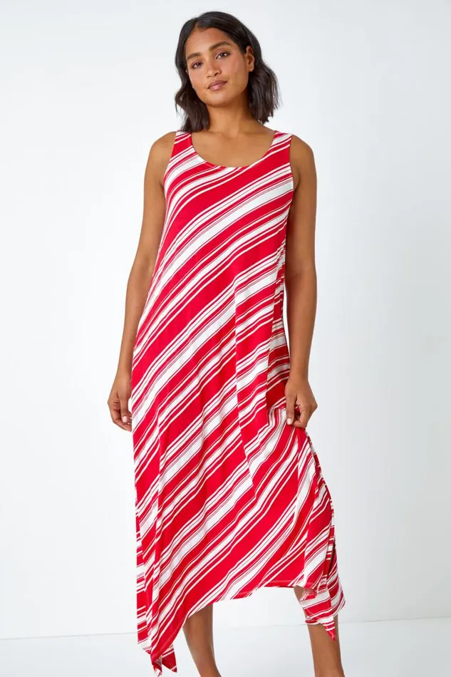 Women Red Stripe Print Smock Midi Stretch Dress Roman Dresses
