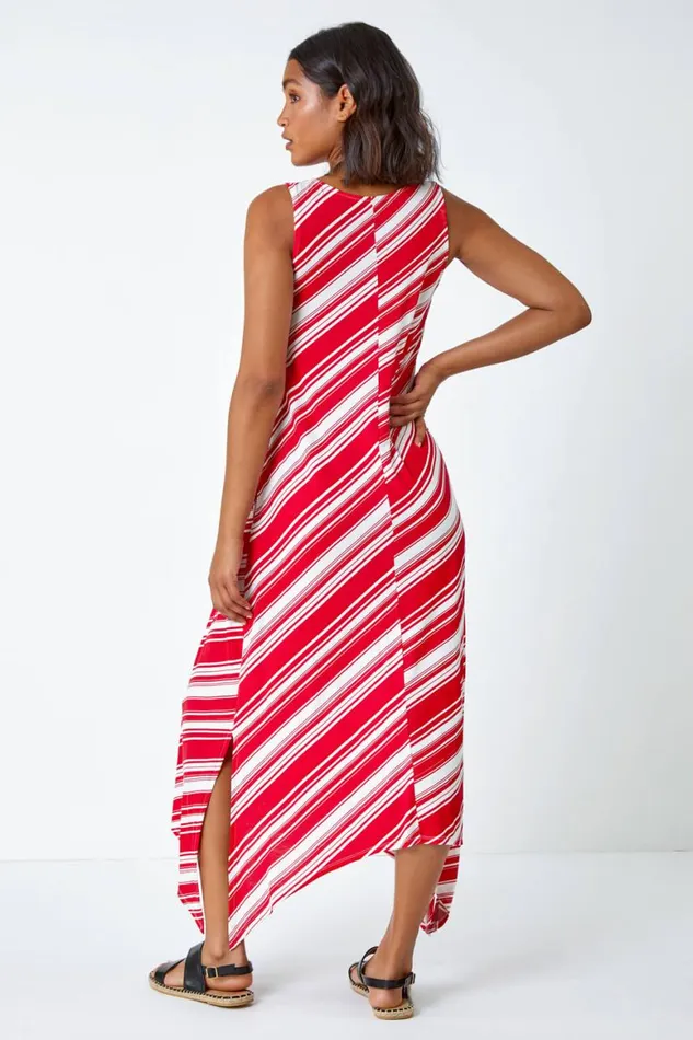 Women Red Stripe Print Smock Midi Stretch Dress Roman Dresses
