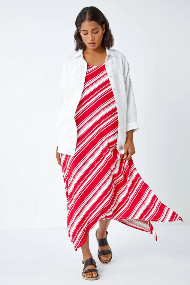 Women Red Stripe Print Smock Midi Stretch Dress Roman Dresses