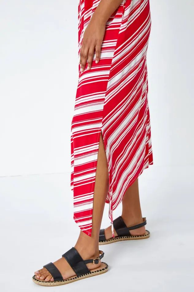 Women Red Stripe Print Smock Midi Stretch Dress Roman Dresses