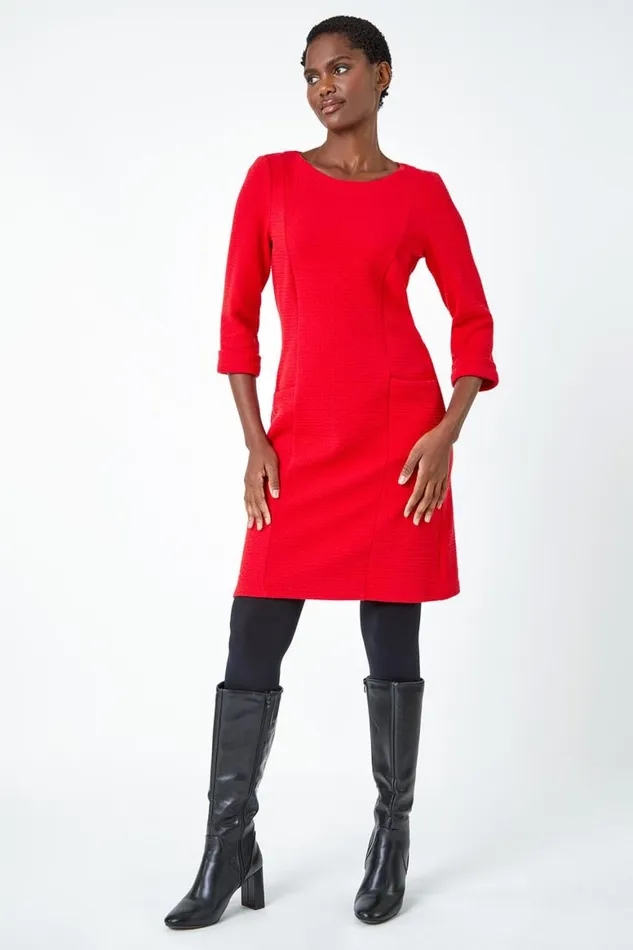Women Red Textured Cotton Blend Shift Stretch Dress Roman Dresses