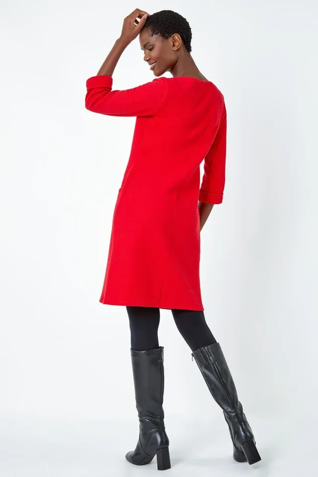 Women Red Textured Cotton Blend Shift Stretch Dress Roman Dresses