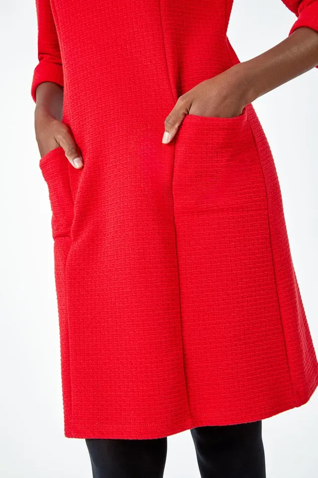 Women Red Textured Cotton Blend Shift Stretch Dress Roman Dresses