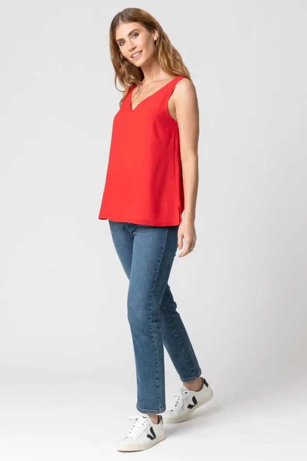 Women Red VNeck Sleeveless Vest Top Roman Tops