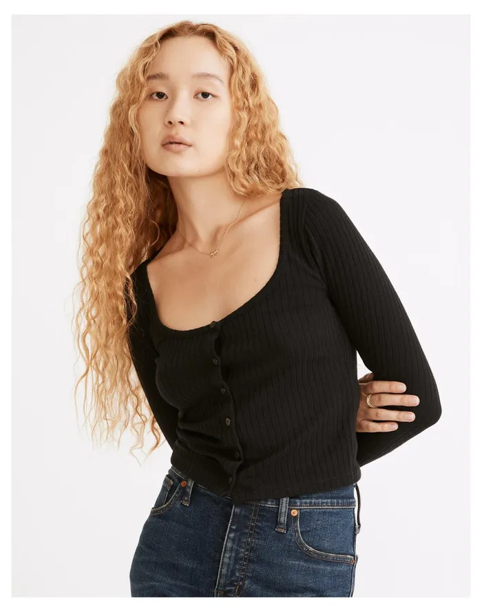 Women Ribbed Cardigan Crop Tee True Black Madewell Sweaters