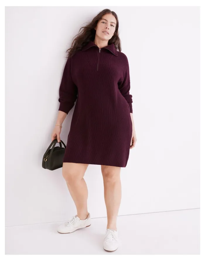Women Ribbed Half Zip Sweater Dress Hthr Maroon Madewell Dresses