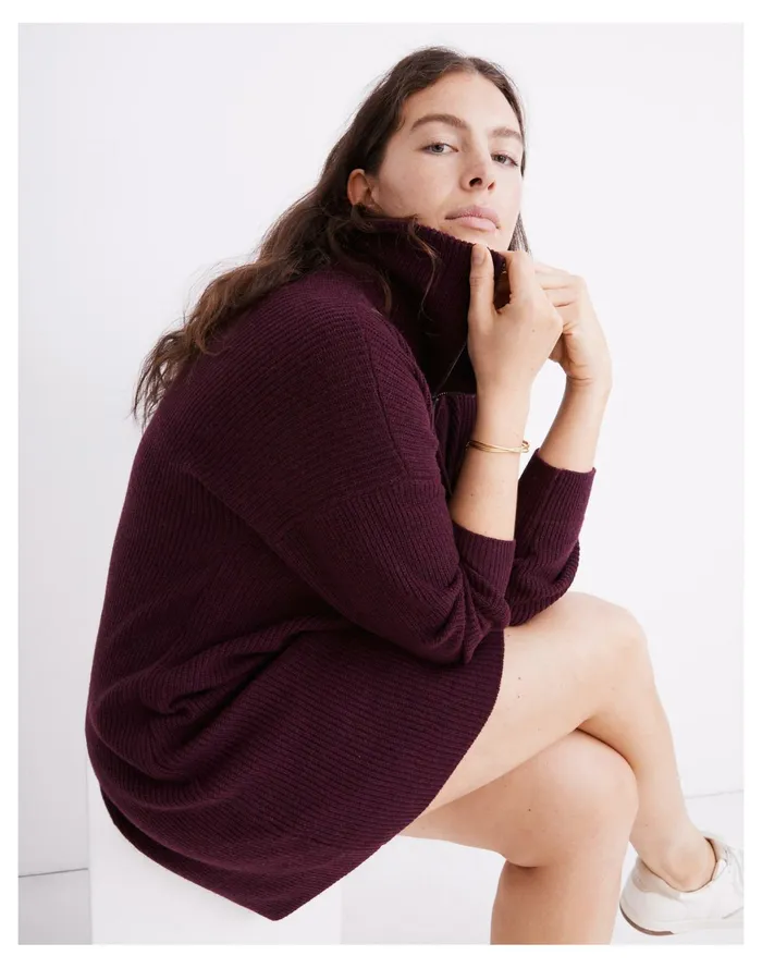 Women Ribbed Half Zip Sweater Dress Hthr Maroon Madewell Dresses Women Ribbed Half Zip Sweater Dress Hthr Maroon Madewell Dresses