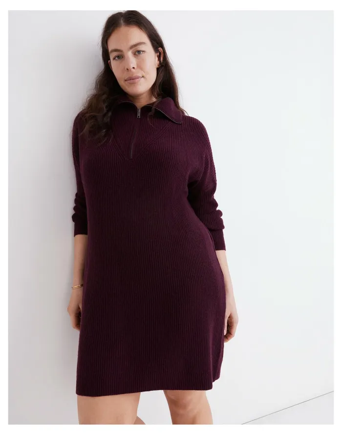 Women Ribbed Half Zip Sweater Dress Hthr Maroon Madewell Dresses Women Ribbed Half Zip Sweater Dress Hthr Maroon Madewell Dresses