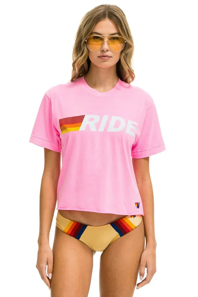 Women RIDE LOGO WHITE BOYFRIEND TEE 8211 NEON PINK Aviator Nation UnisexTees