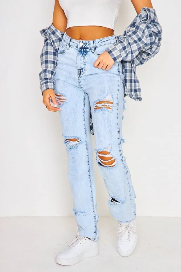 Women Ripped Regular Fit Jeans In Sky Blue Brentiny Paris Jeans