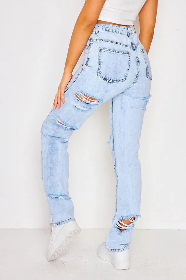 Women Ripped Regular Fit Jeans In Sky Blue Brentiny Paris Jeans