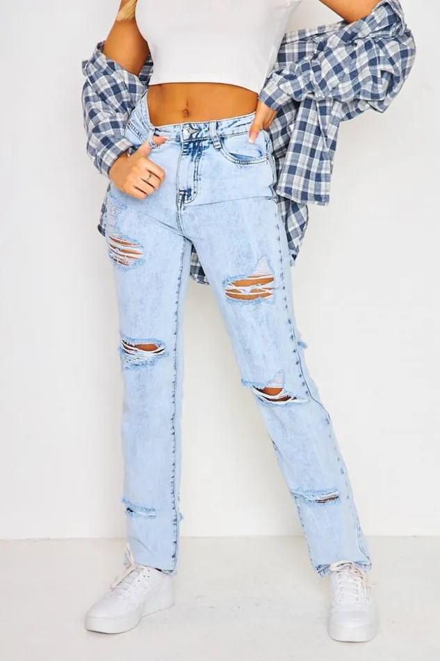 Women Ripped Regular Fit Jeans In Sky Blue Brentiny Paris Jeans