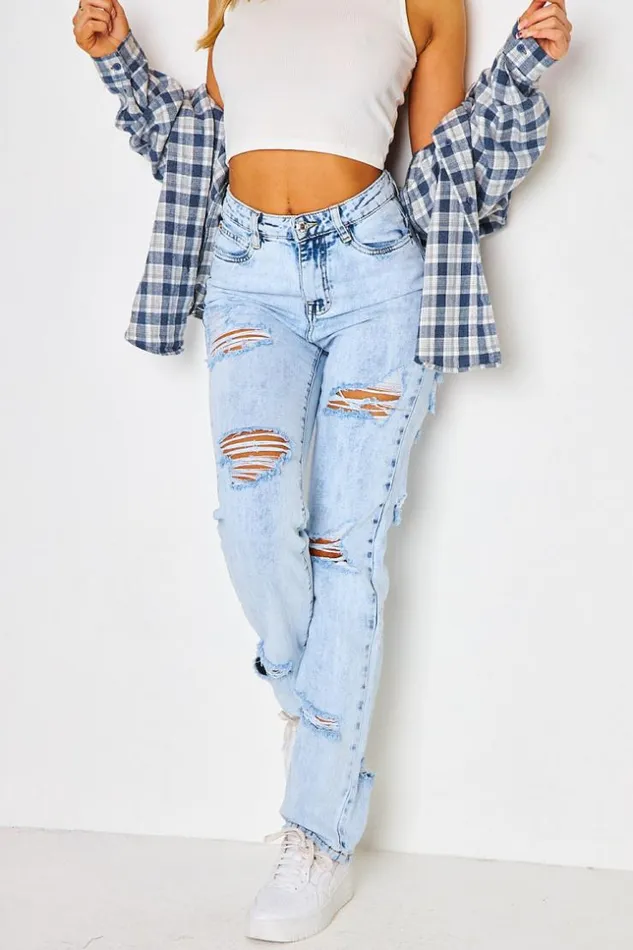 Women Ripped Regular Fit Jeans In Sky Blue Brentiny Paris Jeans