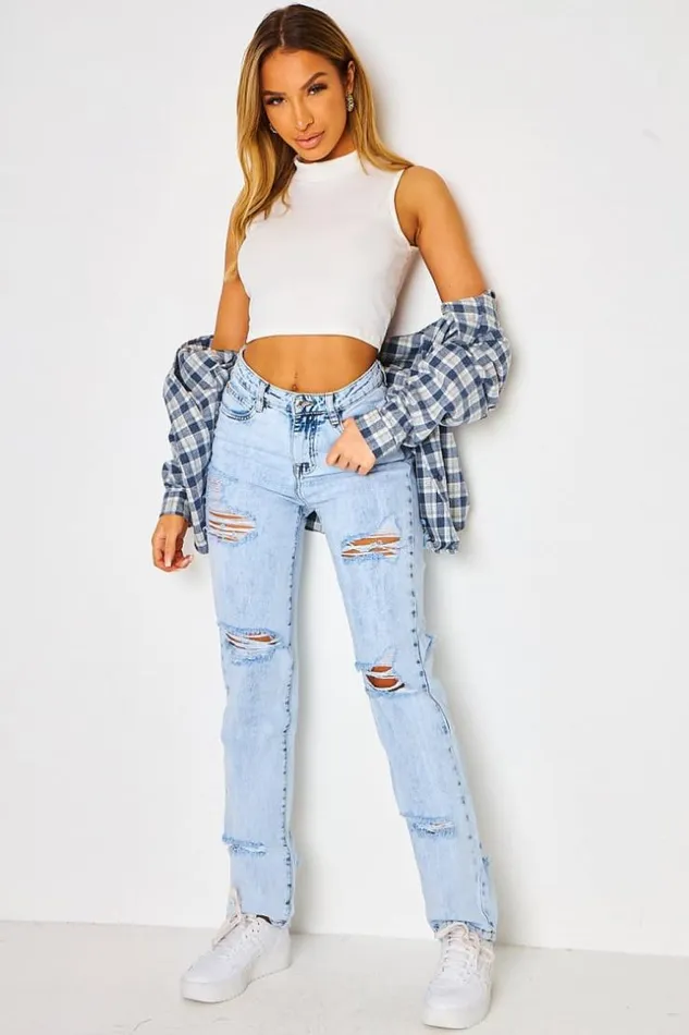 Women Ripped Regular Fit Jeans In Sky Blue Brentiny Paris Jeans