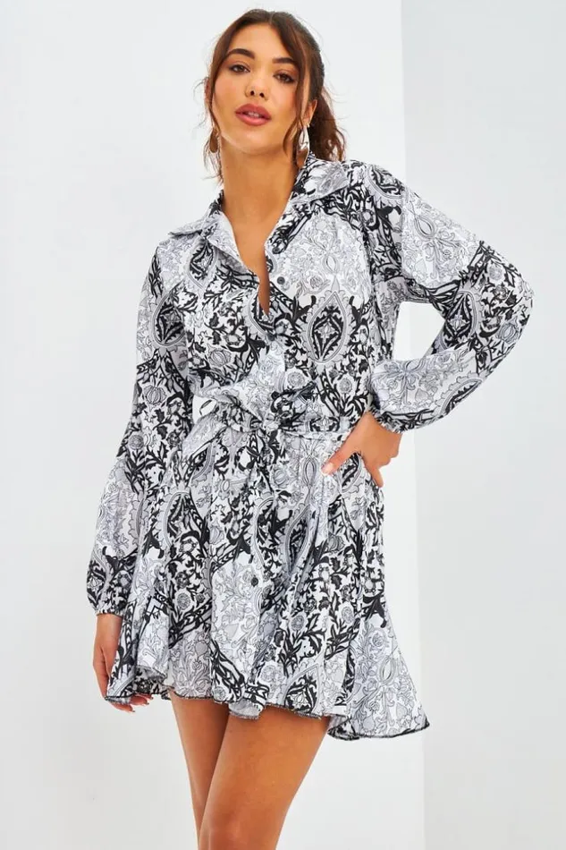Women Robe Chemise Courte Satine Noire Motif Baroque Black Brentiny Paris Satin Dresses