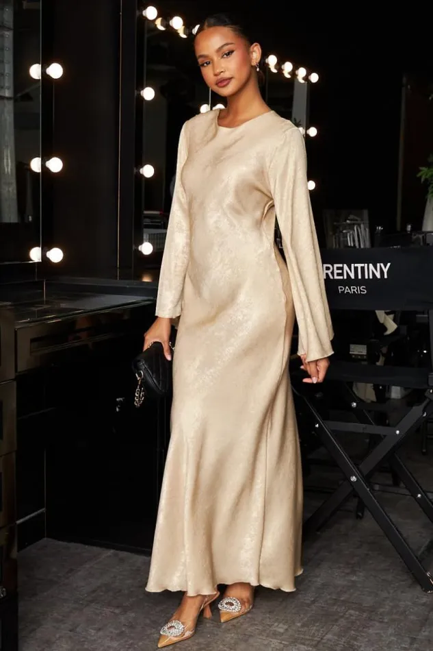 Women Robe Longue Beige Satine Et Paillete Beige Brentiny Paris Short Dresses