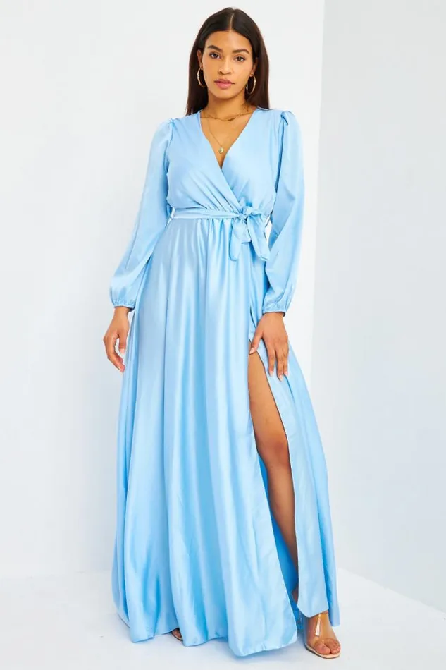 Women Robe Longue Bleu Clair Satin Ceinture Bleuclair Brentiny Paris Satin Dresses