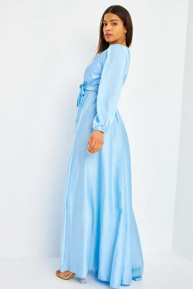 Women Robe Longue Bleu Clair Satin Ceinture Bleuclair Brentiny Paris Satin Dresses
