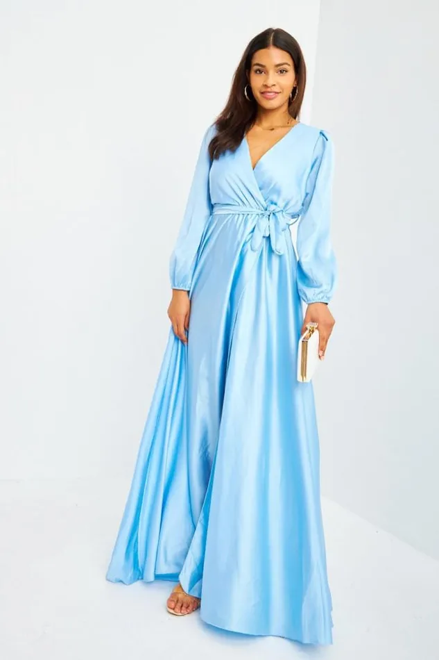 Women Robe Longue Bleu Clair Satin Ceinture Bleuclair Brentiny Paris Satin Dresses