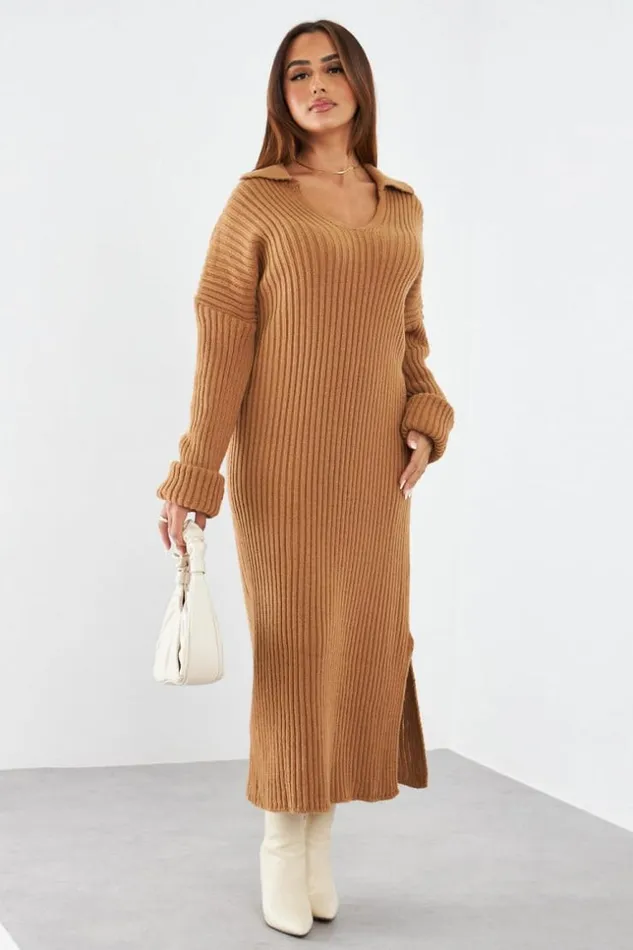 Women Robe Longue Camel En Maille Col Rabats Camel Brentiny Paris Short Dresses