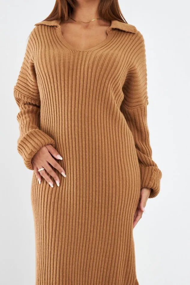Women Robe Longue Camel En Maille Col Rabats Camel Brentiny Paris Short Dresses