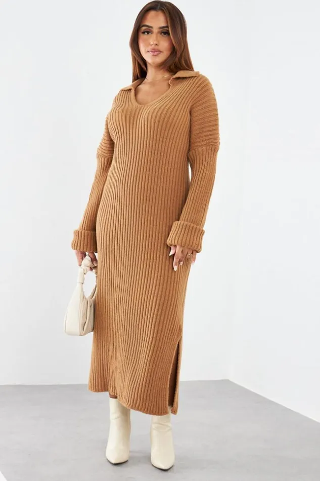 Women Robe Longue Camel En Maille Col Rabats Camel Brentiny Paris Short Dresses