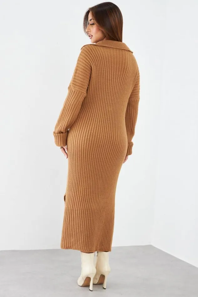 Women Robe Longue Camel En Maille Col Rabats Camel Brentiny Paris Short Dresses