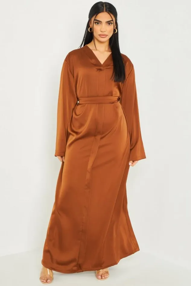 Women Robe Longue Satine Ceinture Marron Brown Brentiny Paris Satin Dresses