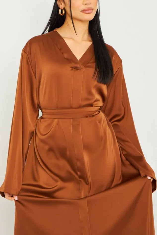 Women Robe Longue Satine Ceinture Marron Brown Brentiny Paris Satin Dresses