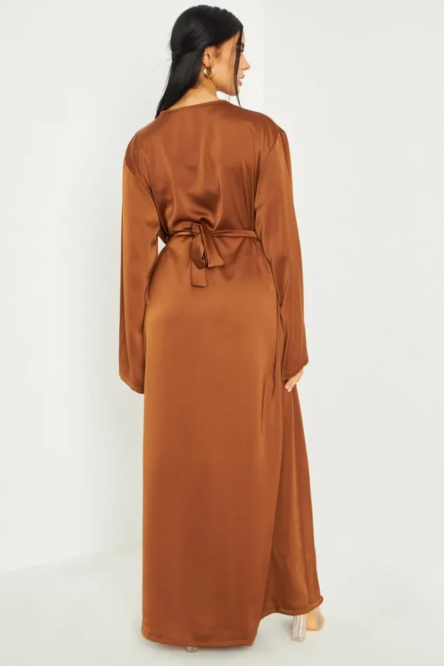 Women Robe Longue Satine Ceinture Marron Brown Brentiny Paris Satin Dresses