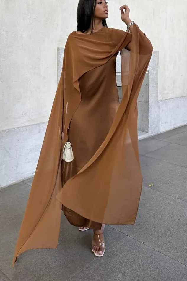 Women Robe Marron Ample Satine Empicement Voile Brown Brentiny Paris Short Dresses