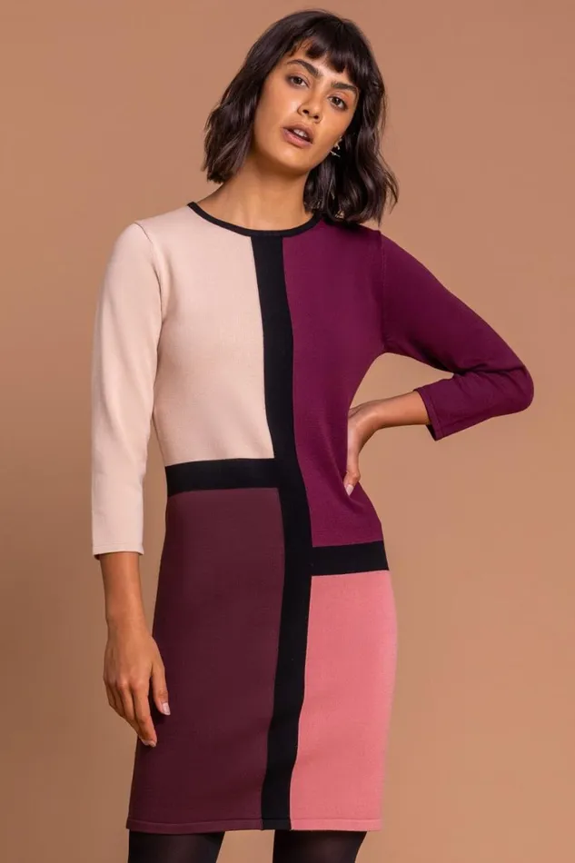 Women Rose Longline Colourblock Print Jumper Dress Roman Dresses
