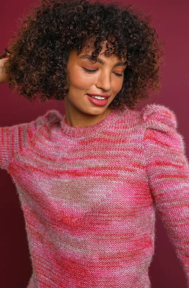 Women Rose Puff Sleeve Abstract Print Jumper Roman Knitwear