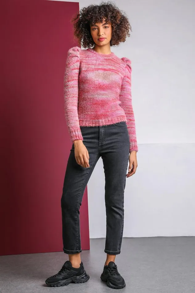 Women Rose Puff Sleeve Abstract Print Jumper Roman Knitwear