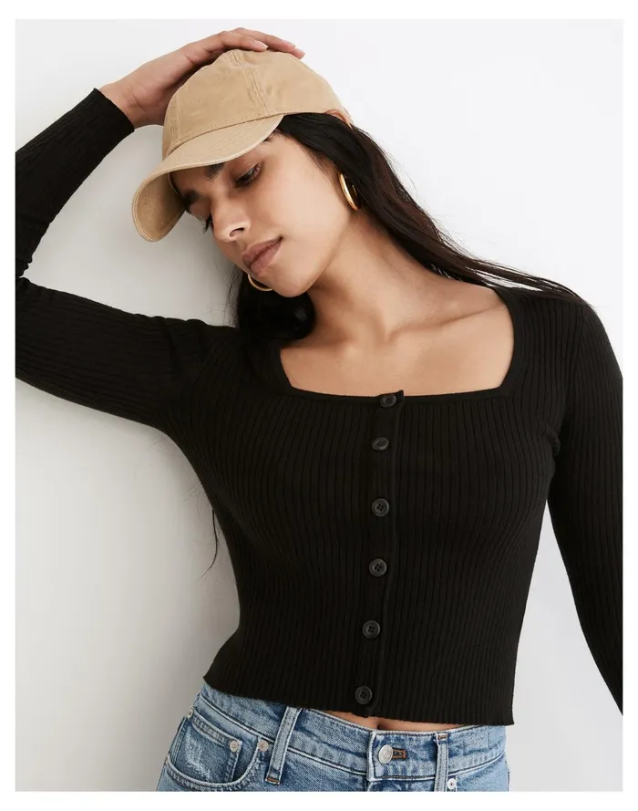 Women Rosseau Square Neck Crop Cardigan Top True Black Madewell Sweaters