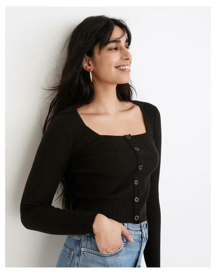 Women Rosseau Square Neck Crop Cardigan Top True Black Madewell Sweaters Women Rosseau Square Neck Crop Cardigan Top True Black Madewell Sweaters