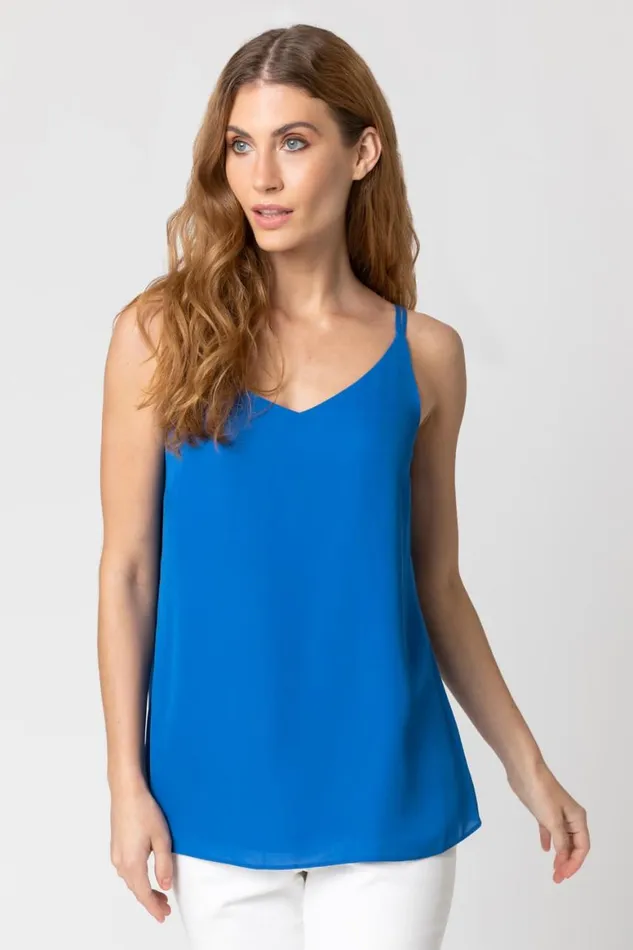 Women Royal Blue Cross Back VNeck Camisole Roman Tops