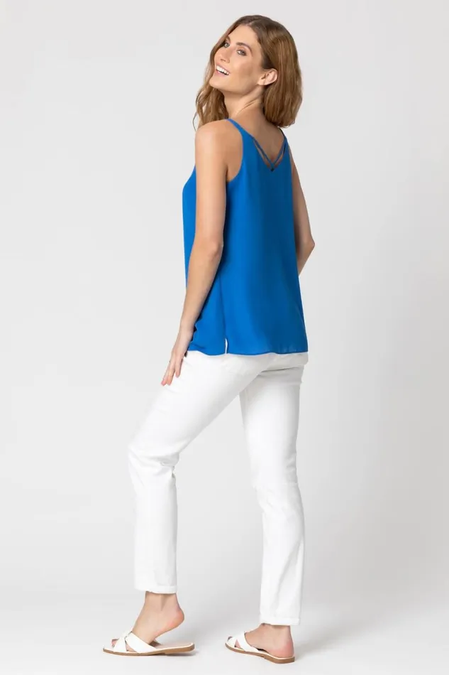 Women Royal Blue Cross Back VNeck Camisole Roman Tops