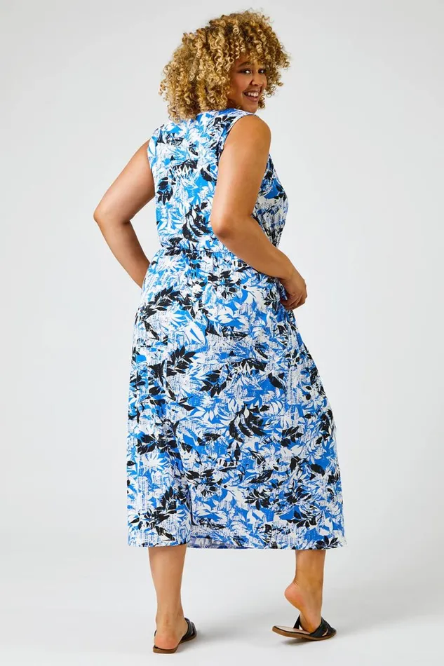 Women Royal Blue Curve Abstract Tropical Print Maxi Dress Roman Dresses