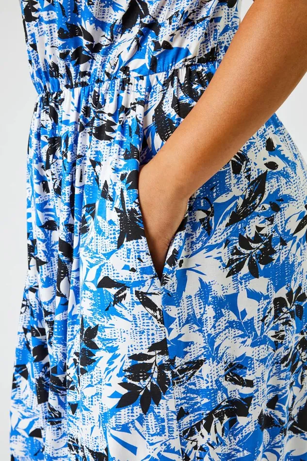 Women Royal Blue Curve Abstract Tropical Print Maxi Dress Roman Dresses