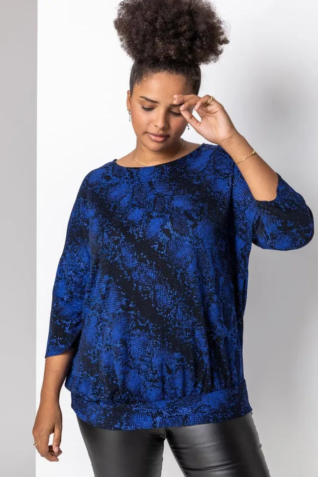 Women Royal Blue Curve Batwing Sparkle Snake Print Top Roman Tops