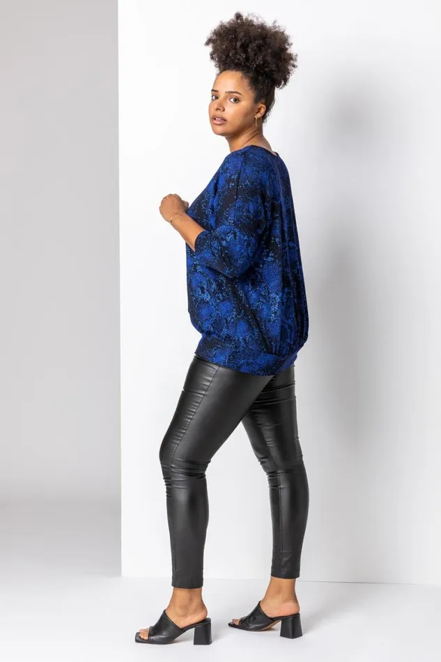 Women Royal Blue Curve Batwing Sparkle Snake Print Top Roman Tops