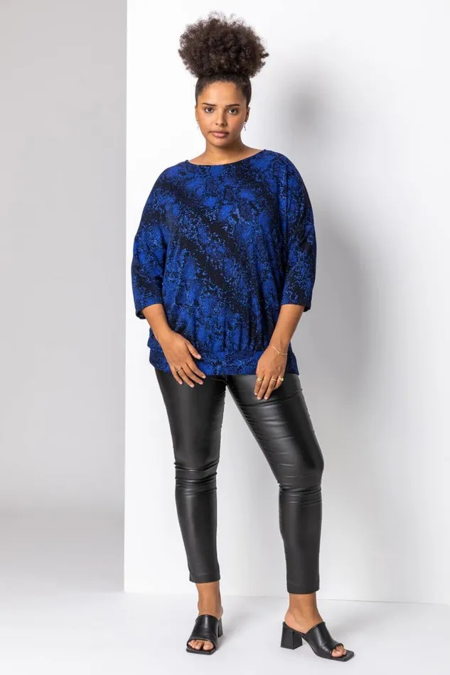 Women Royal Blue Curve Batwing Sparkle Snake Print Top Roman Tops