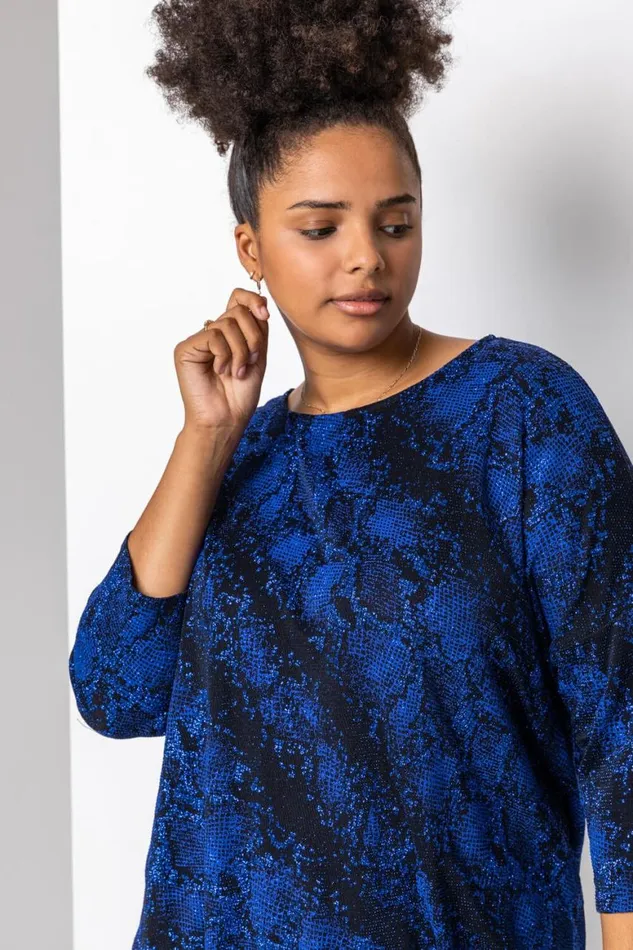 Women Royal Blue Curve Batwing Sparkle Snake Print Top Roman Tops