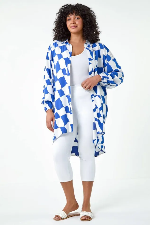 Women Royal Blue Curve Printed Button Through Shirt Roman Tops