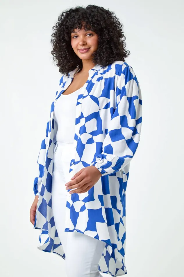 Women Royal Blue Curve Printed Button Through Shirt Roman Tops