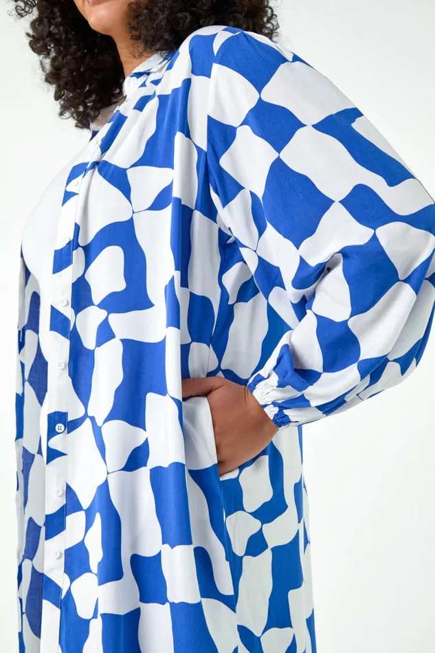 Women Royal Blue Curve Printed Button Through Shirt Roman Tops