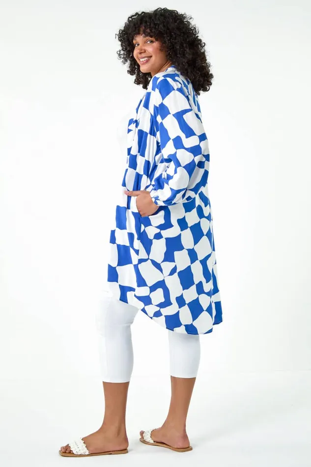 Women Royal Blue Curve Printed Button Through Shirt Roman Tops