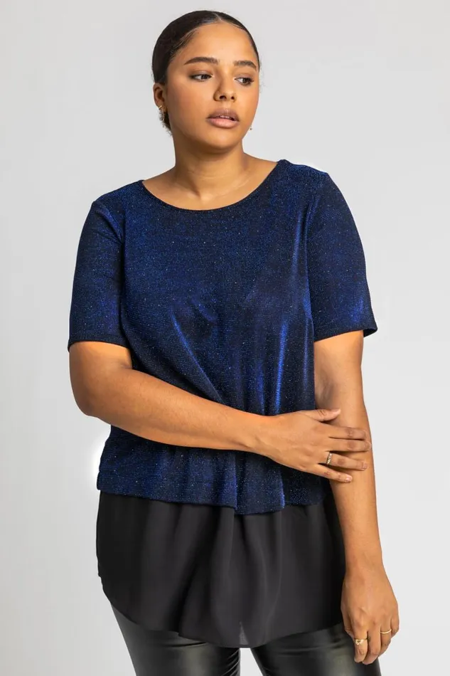Women Royal Blue Curve Sparkle Overlay Tunic Top Roman Tops